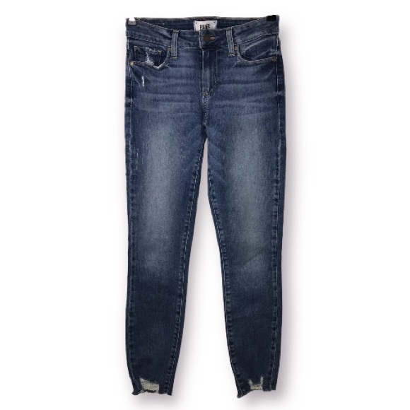 NEW PAIGE VERDUGO ANKLE MID-RISE MEDIUM DARK WASH DISTRESSED RAW HEM JEAN - Picture 3 of 10